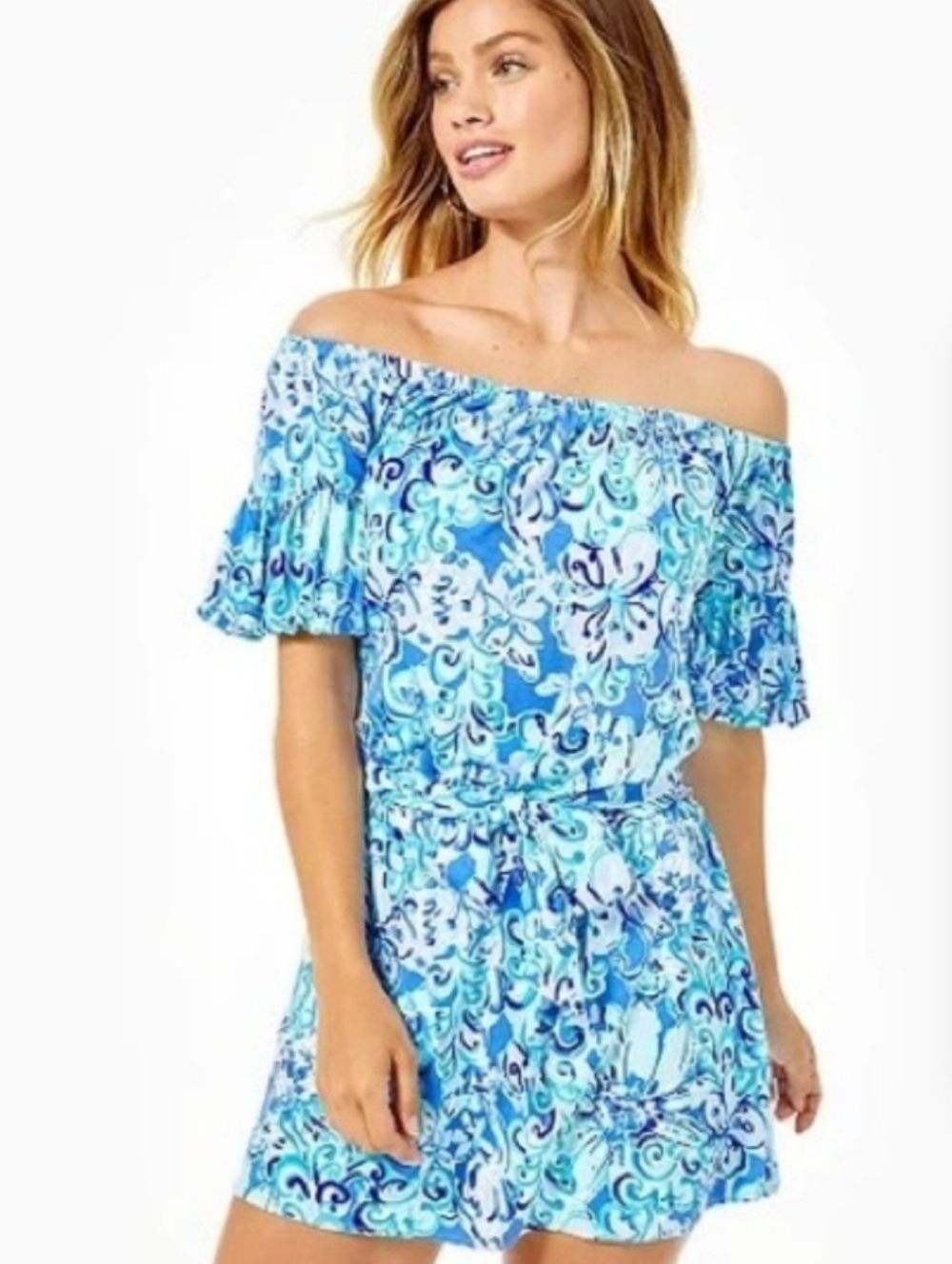Lilly Pulitzer Blue Off-Shoulder Floral Romper *like NEW CONDITION